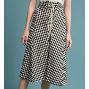 Anthropologie Eva Franco Lace Up Black And White Gingham Midi Flare Skirt Small